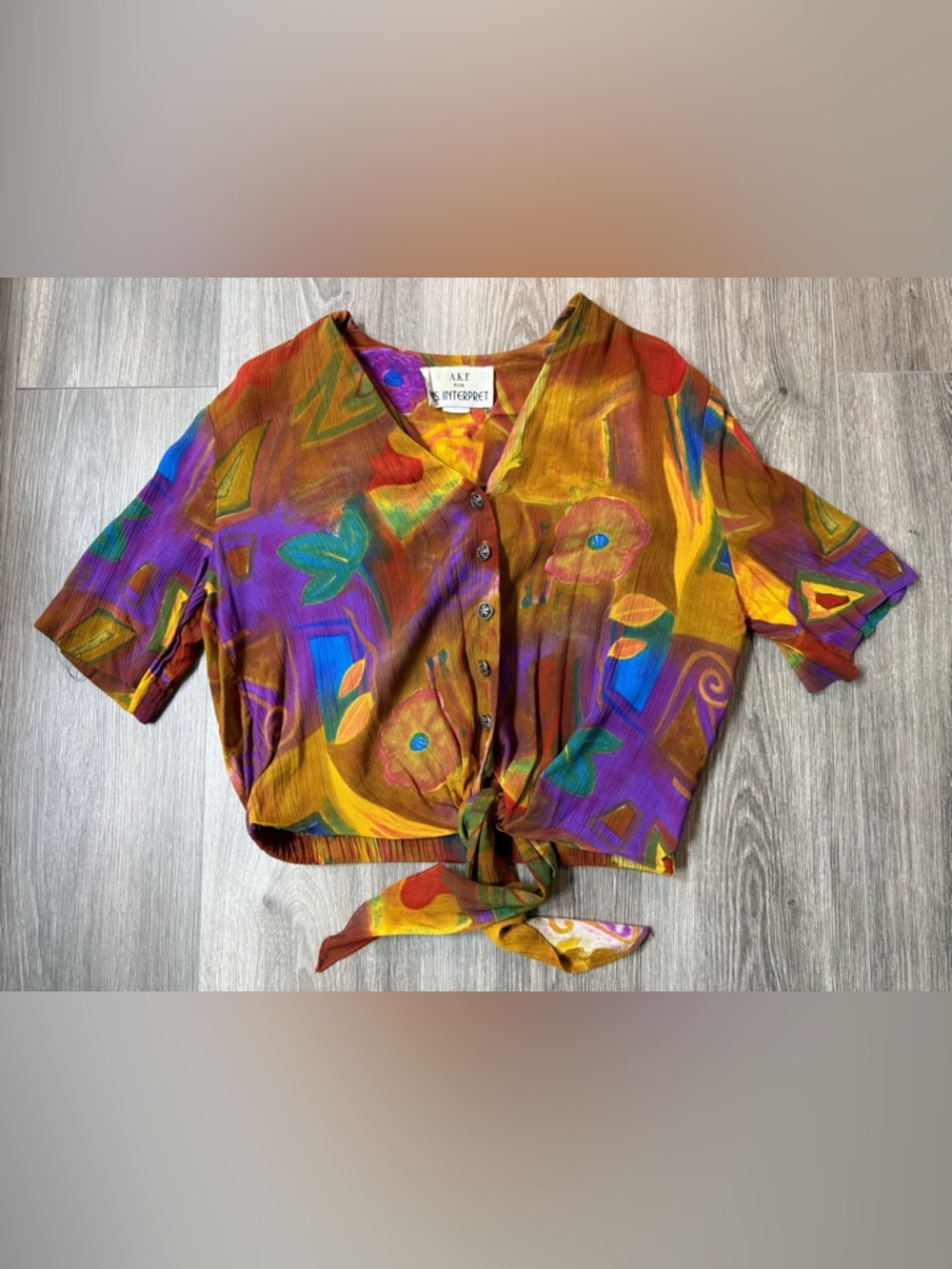 Vintage Floral Abstract Multicolor Crop Top Decorative Buttons Tie Waist Boho